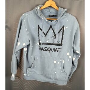 Basquiat Crown Logo Paint Splatter Hoodie Blue Mens Small Sweatshirt